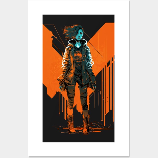 Cyberpunk Girl On Orange Neon Background Wall Art by Nightarcade